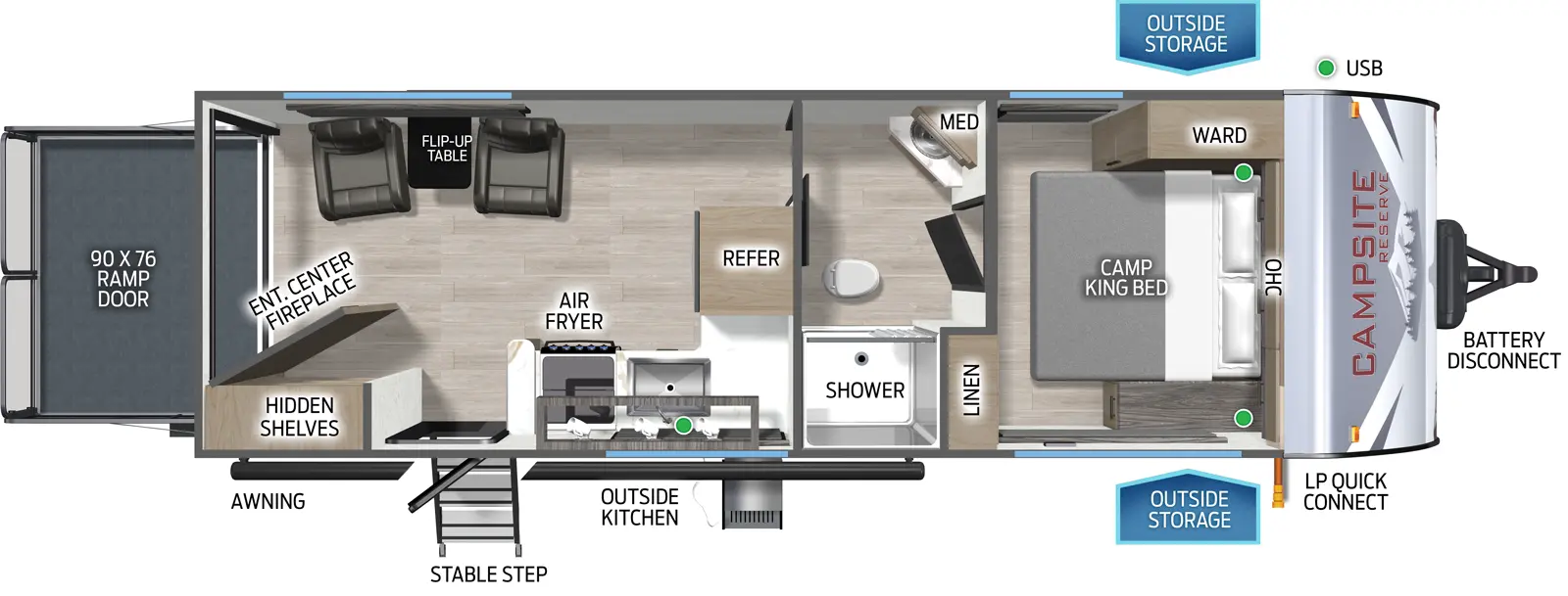 The Campsite Reserve 23TS floorplan is a toy hauler that has one entry and zero slide outs. Exterior features include: metal exterior and outside kitchen. Interiors features include: front bedroom and pass through bathroom.